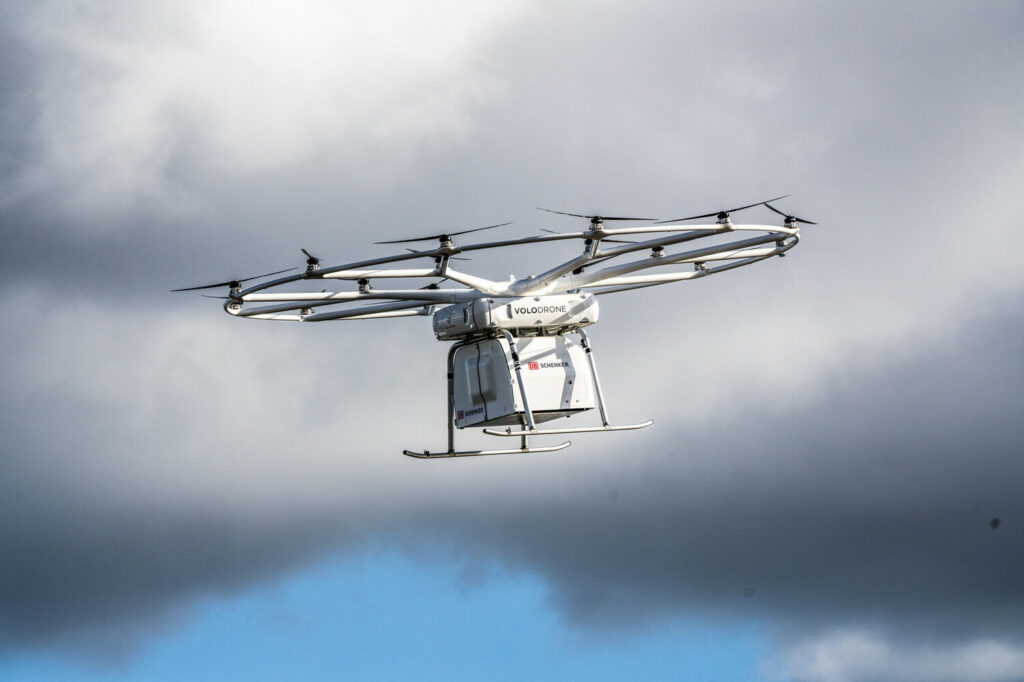 VoloDrone in flight with cargo box